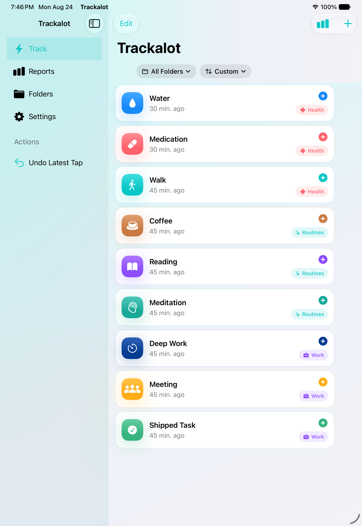 Trackalot on iPad with adaptive sidebar, folder filter, and tracker sorting