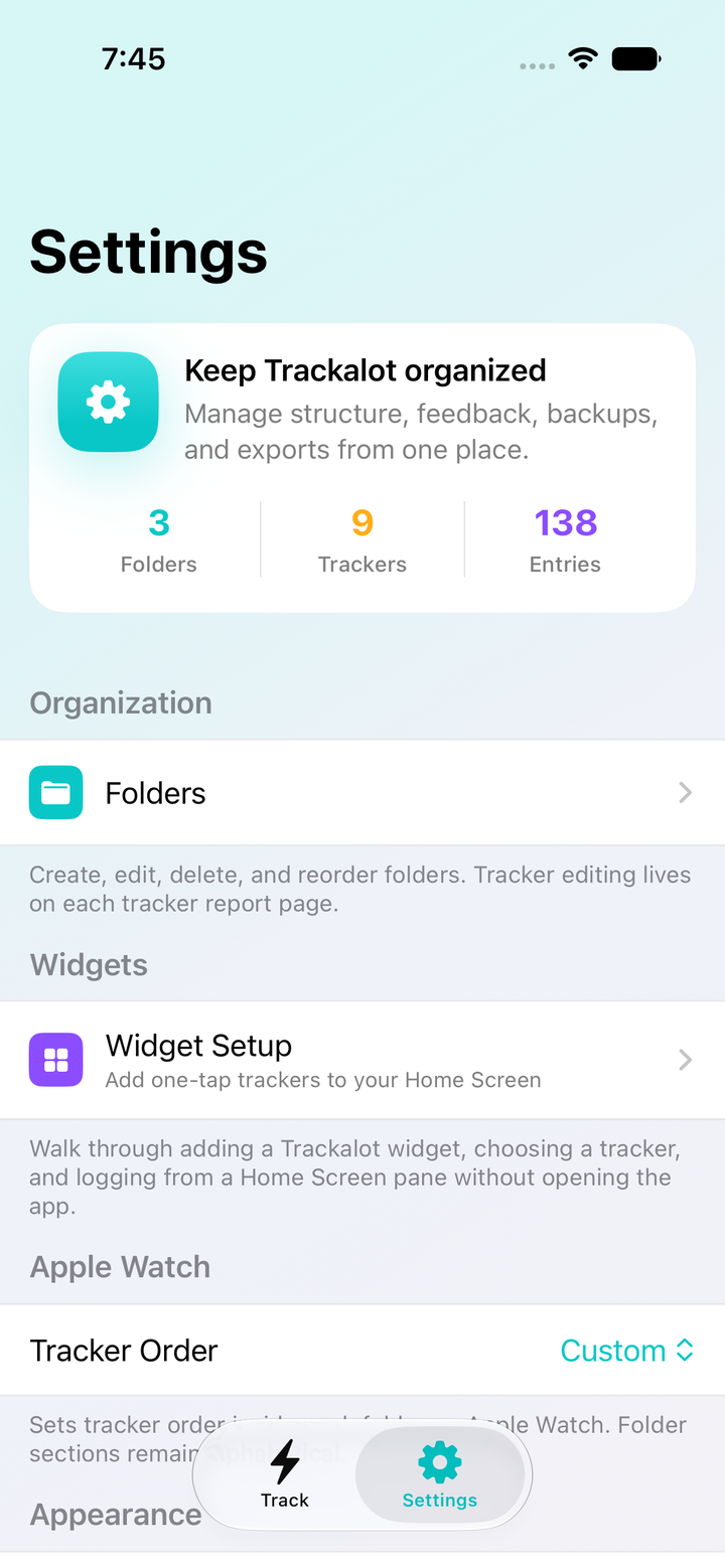 Trackalot Settings with folders, widgets, and Watch order