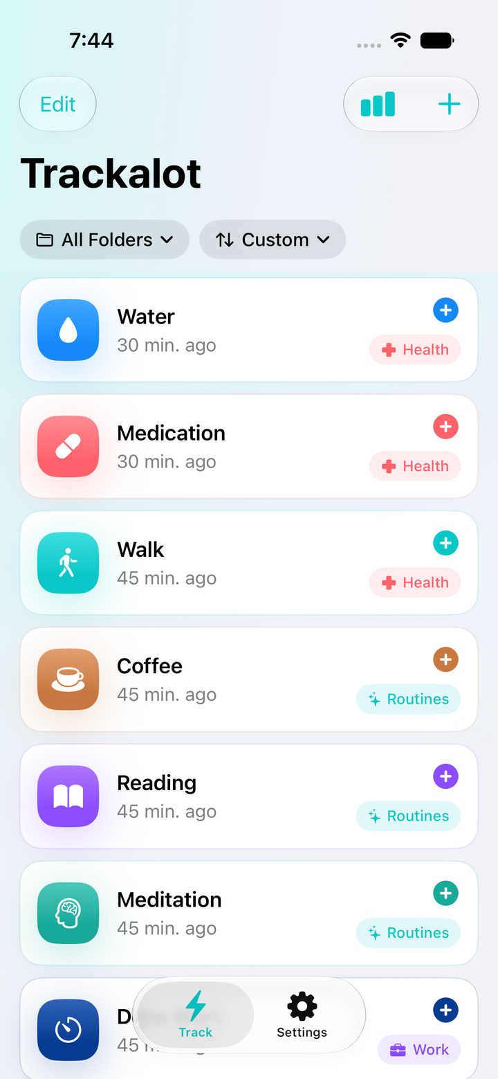 Trackalot 1.5 tracker list with folder and sort controls